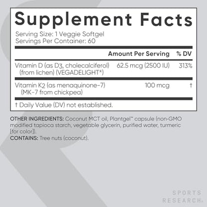 Sports Research Vitamin D3 K2 with Coconut MCT Oil | Vegan D3 2500iu (62.5mcg) - Maple Wellness Supplements