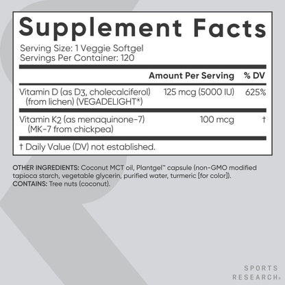 Sports Research Vitamin D3 with K2 Softgels - Plant Based K2 & Vegan D3 5000iu with Coconut MCT Oil - Vegan Certified, Soy & Gluten Free - 120 Count - Maple Wellness Supplements