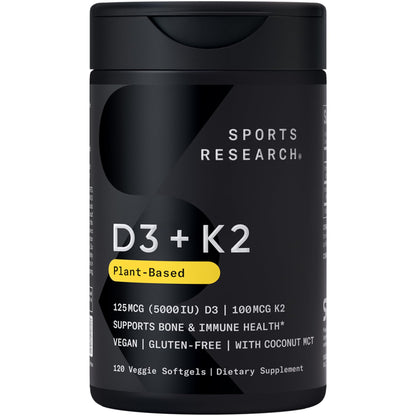 Sports Research Vitamin D3 with K2 Softgels - Plant Based K2 & Vegan D3 5000iu with Coconut MCT Oil - Vegan Certified, Soy & Gluten Free - 120 Count - Maple Wellness Supplements