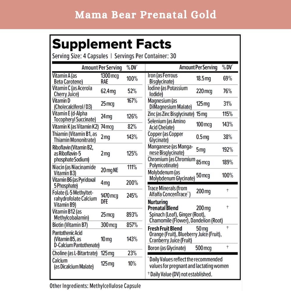 SPRIGS Mama Bear Prenatal Gold Multivitamin with Choline and Methylated Folate for Pregnancy Support Easy to Digest Prenatal Vitamins - Maple Wellness Supplements