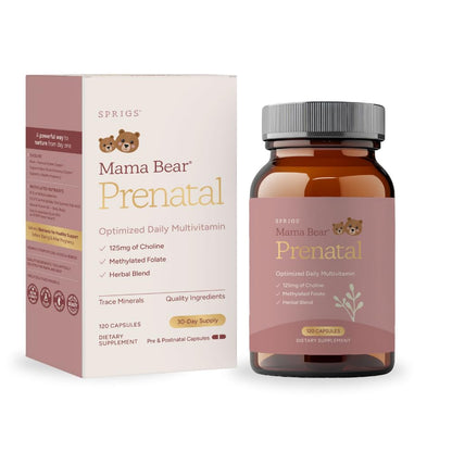 SPRIGS Mama Bear Prenatal Gold Multivitamin with Choline and Methylated Folate for Pregnancy Support Easy to Digest Prenatal Vitamins - Maple Wellness Supplements