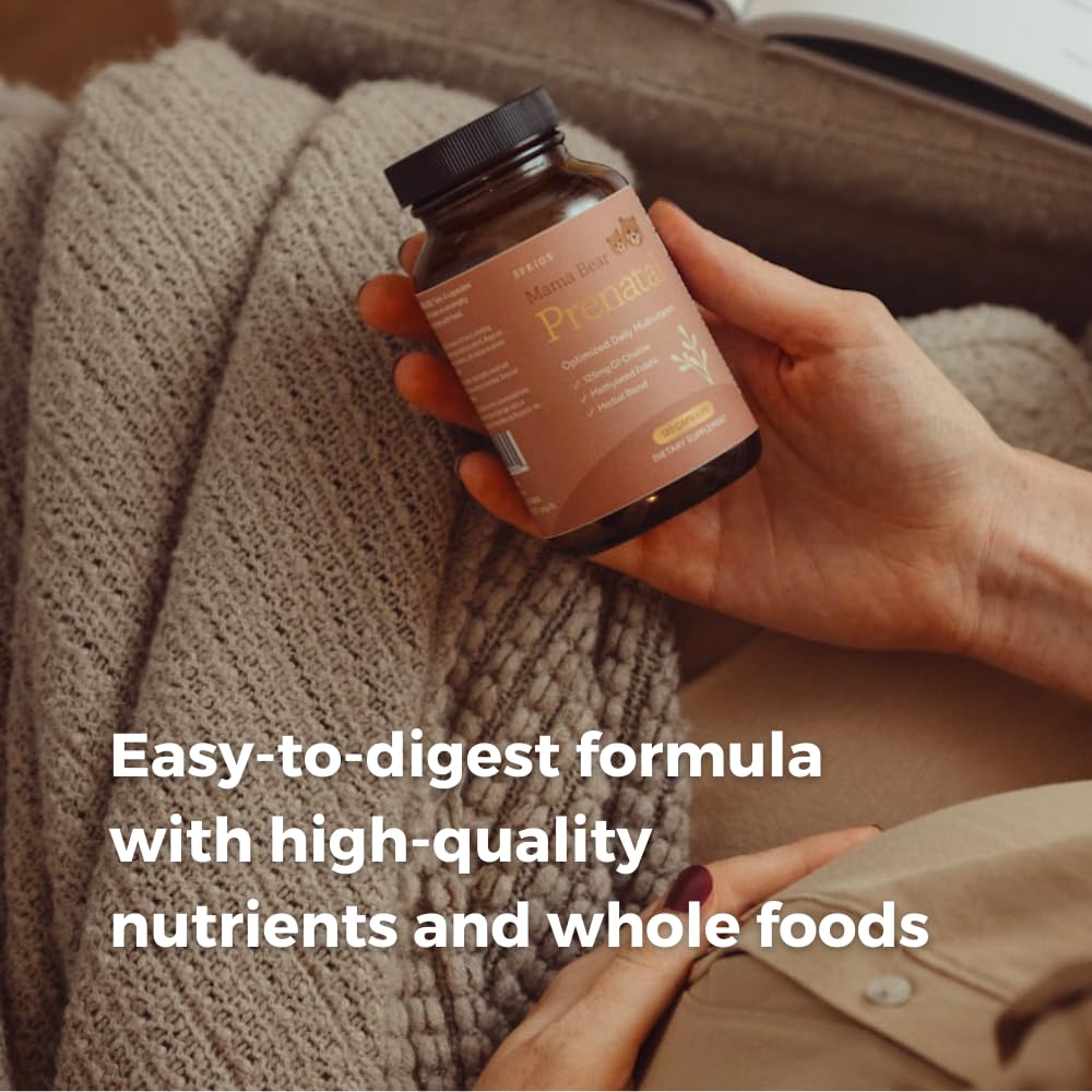SPRIGS Mama Bear Prenatal Gold Multivitamin with Choline and Methylated Folate for Pregnancy Support Easy to Digest Prenatal Vitamins - Maple Wellness Supplements