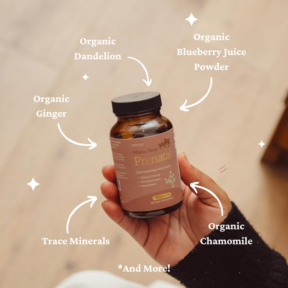 SPRIGS Mama Bear Prenatal Gold Multivitamin with Choline and Methylated Folate for Pregnancy Support Easy to Digest Prenatal Vitamins - Maple Wellness Supplements