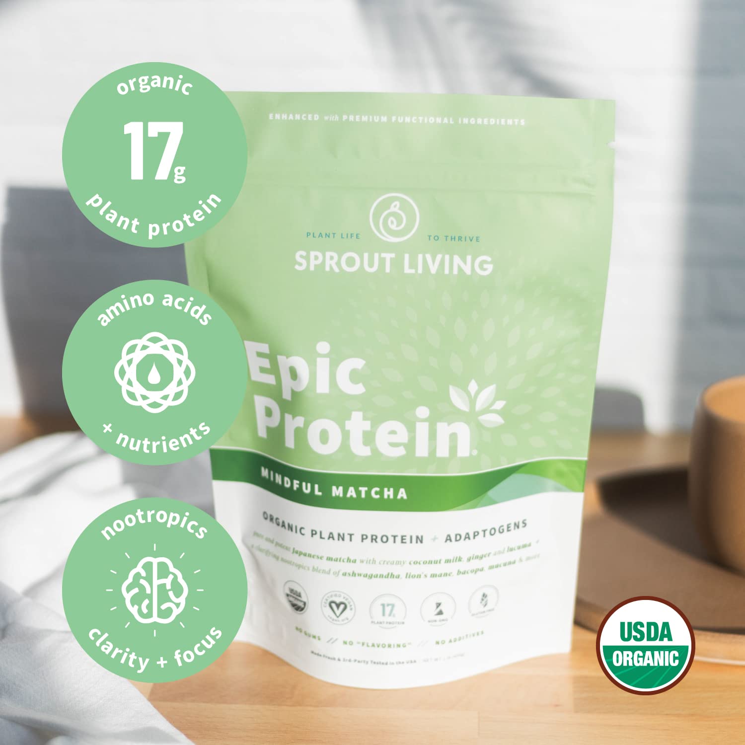 Sprout Living Epic Protein, Plant Based Protein & Superfoods Powder, Mindful Matcha - Maple Wellness Supplements