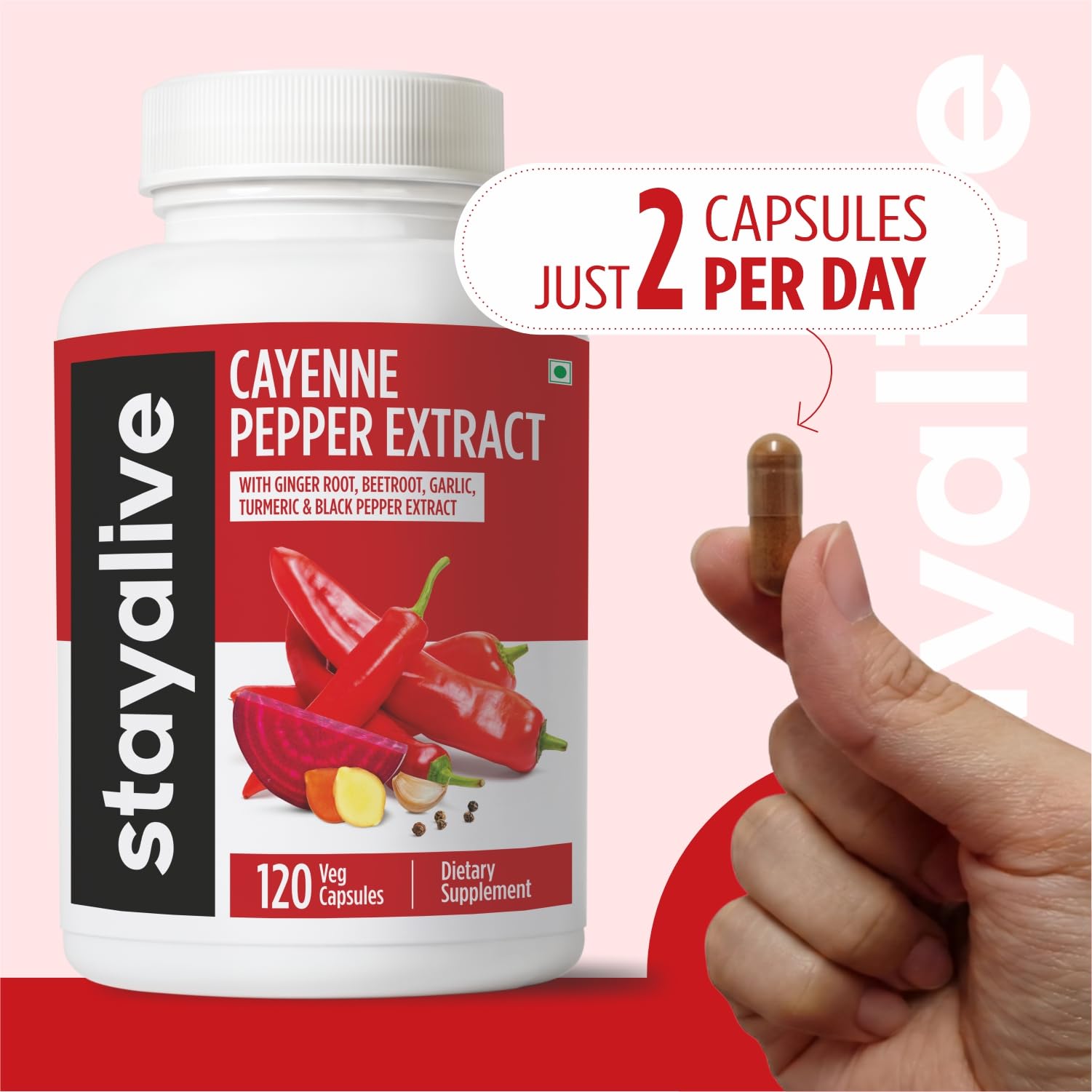 STAY ALIVE Cayenne Pepper Capsules, 6-in-1 Capsicum Blend w/Ginger, Garlic, Turmeric, Beet Root, and Black Pepper Extract, 120 Cayenne Capsules, - Maple Wellness Supplements