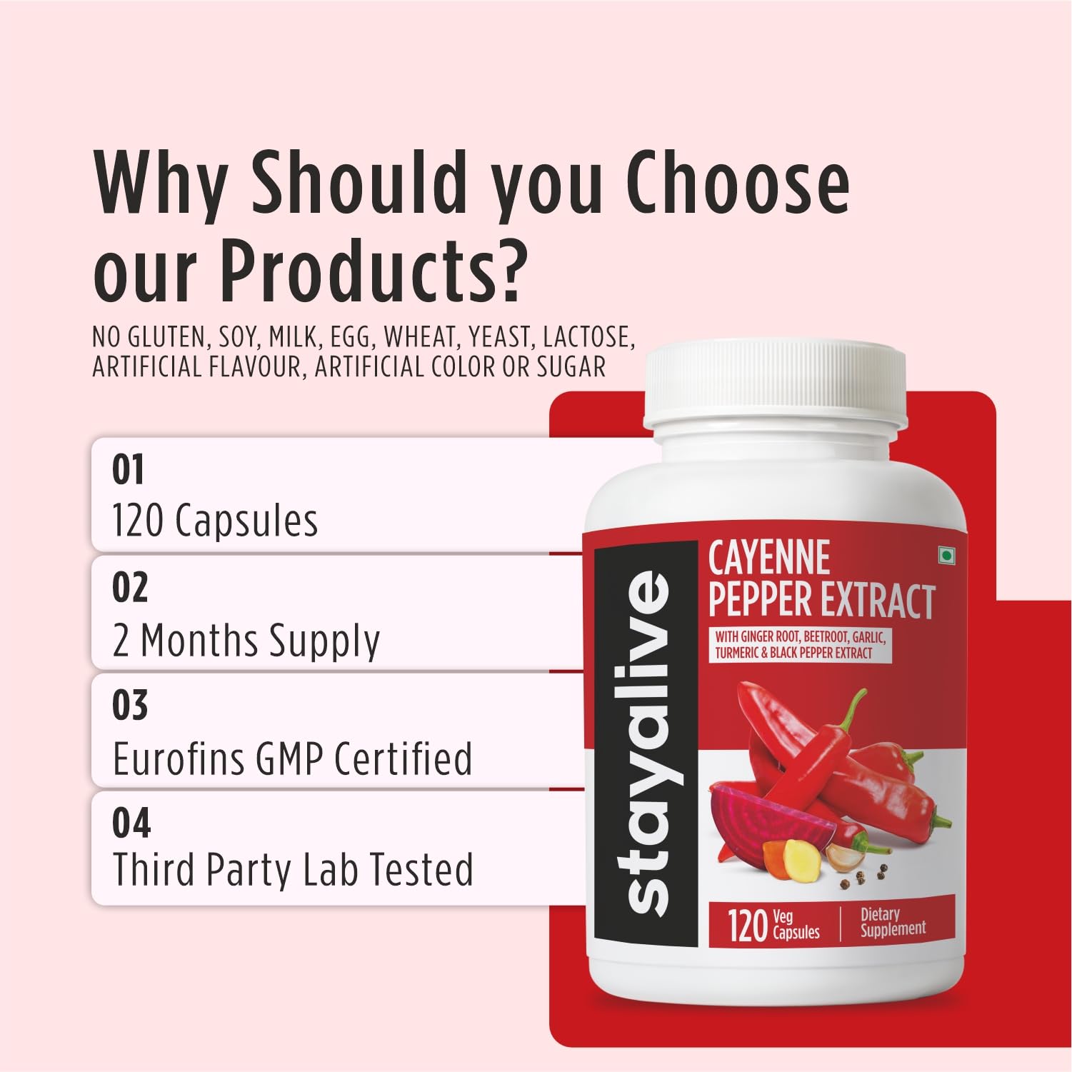 STAY ALIVE Cayenne Pepper Capsules, 6-in-1 Capsicum Blend w/Ginger, Garlic, Turmeric, Beet Root, and Black Pepper Extract, 120 Cayenne Capsules, - Maple Wellness Supplements