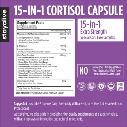 STAY ALIVE Cortisol Manager Supplement 15-in-1 Complex w/L-Theanine, Ashwagandha, Magnesium Glycinate, Phosphatidylserine and More, 120 Veg Capsules, Non-GMO & Gluten-Free Formula for Women and Men - Maple Wellness Supplements