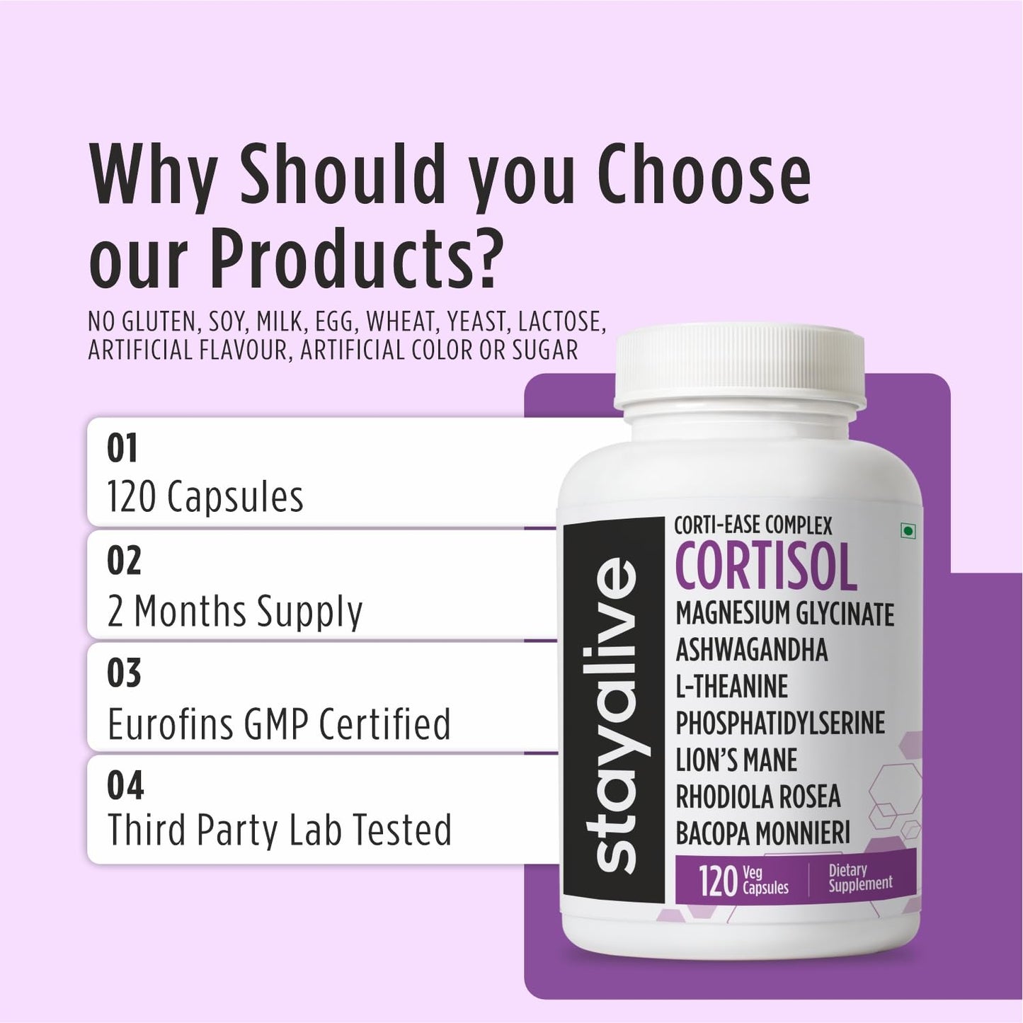 STAY ALIVE Cortisol Manager Supplement 15-in-1 Complex w/L-Theanine, Ashwagandha, Magnesium Glycinate, Phosphatidylserine and More, 120 Veg Capsules, Non-GMO & Gluten-Free Formula for Women and Men - Maple Wellness Supplements