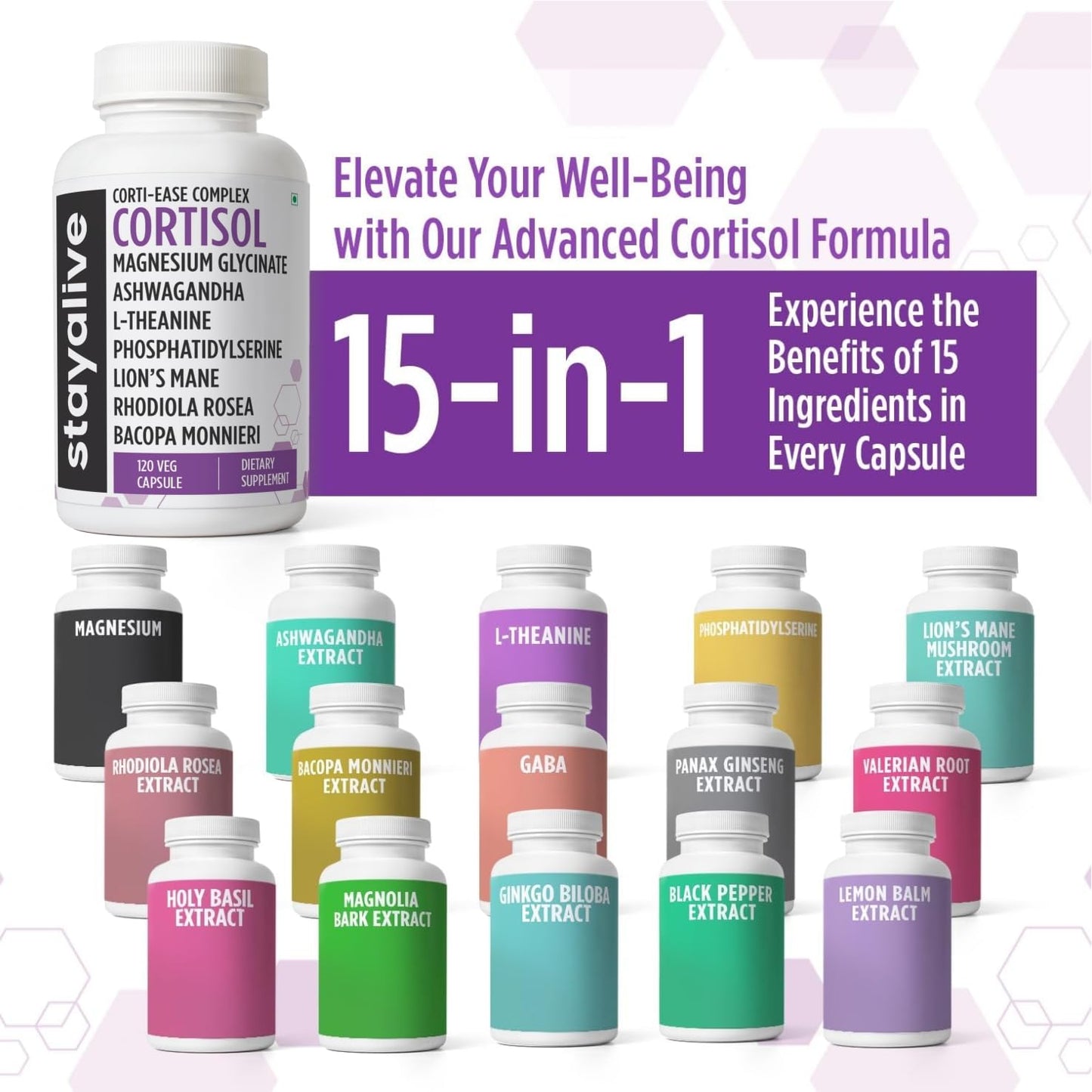 STAY ALIVE Cortisol Manager Supplement 15-in-1 Complex w/L-Theanine, Ashwagandha, Magnesium Glycinate, Phosphatidylserine and More, 120 Veg Capsules, Non-GMO & Gluten-Free Formula for Women and Men - Maple Wellness Supplements