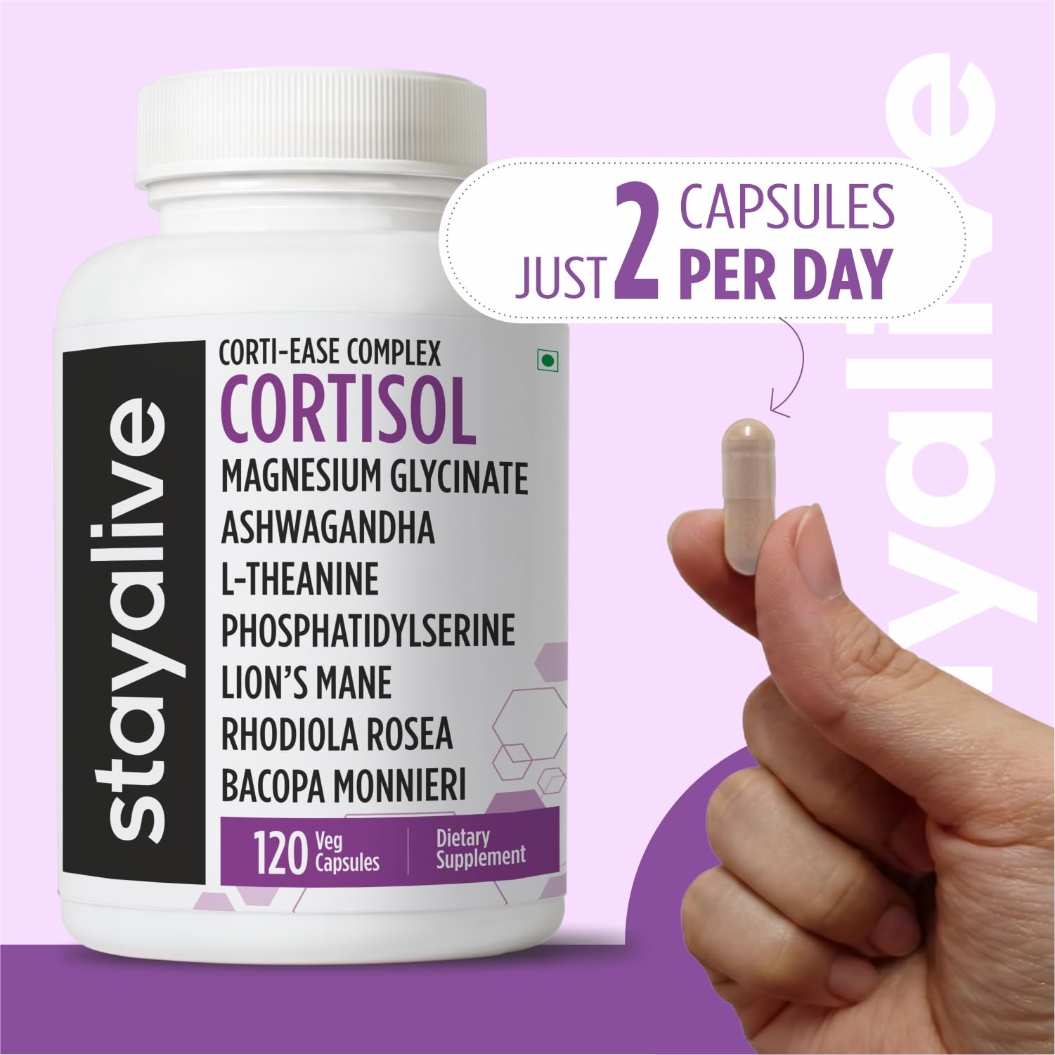 STAY ALIVE Cortisol Manager Supplement 15-in-1 Complex w/L-Theanine, Ashwagandha, Magnesium Glycinate, Phosphatidylserine and More, 120 Veg Capsules, Non-GMO & Gluten-Free Formula for Women and Men - Maple Wellness Supplements