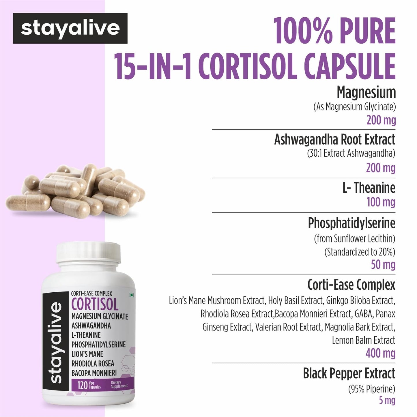 STAY ALIVE Cortisol Manager Supplement 15-in-1 Complex w/L-Theanine, Ashwagandha, Magnesium Glycinate, Phosphatidylserine and More, 120 Veg Capsules, Non-GMO & Gluten-Free Formula for Women and Men - Maple Wellness Supplements
