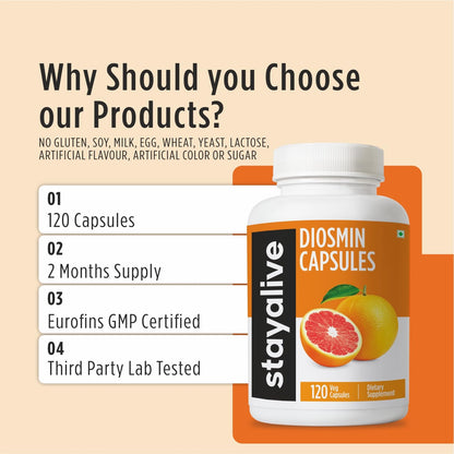 STAY ALIVE Pure Diosmin Complex 1000mg Formula, 120 Capsules, Citrus Bioflavonoids Rich Fruit Extract, 2 Month Supply, 100% Vegetarian, Non-GMO & Gluten Free Diosmin Supplement - Maple Wellness Supplements