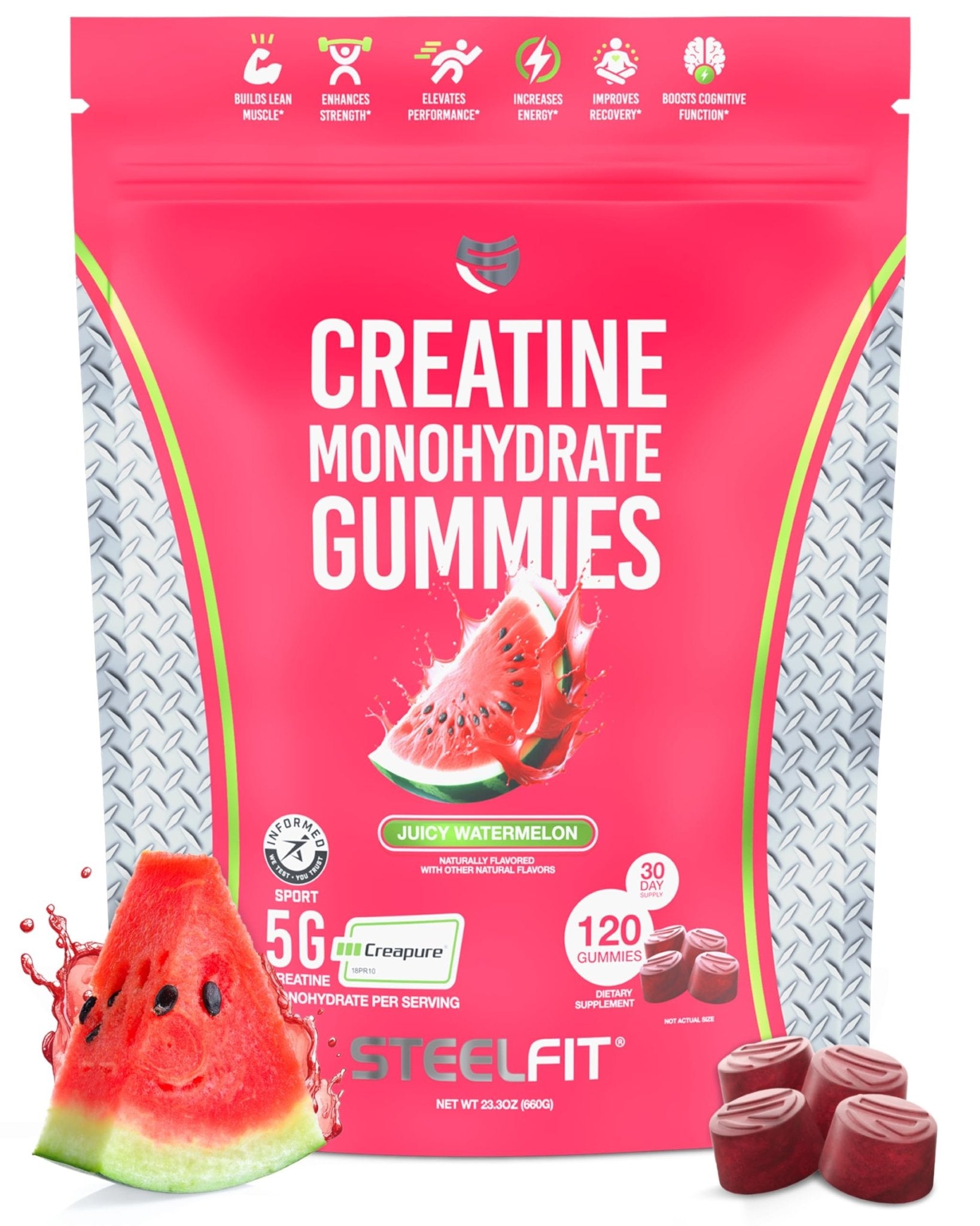 SteelFit Creapure Creatine Monohydrate Gummies for Men & Women, Juicy Watermelon - Gym Workout Nutritional Supplements for Muscle Gain, Brain Health & Strength Building Dietary Supplement, 120 Gummies - Maple Wellness Supplements
