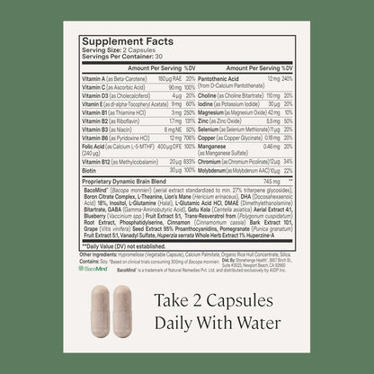 Stonehenge Health Dynamic Brain – BacoMind® Bacopa Nootropic Formula – Memory, Recall & Retention, Phosphatidylserine, Huperzine A, DHA & Choline – 40 Brain-Boosting Ingredients – Non-GMO, 60 Caps - Maple Wellness Supplements