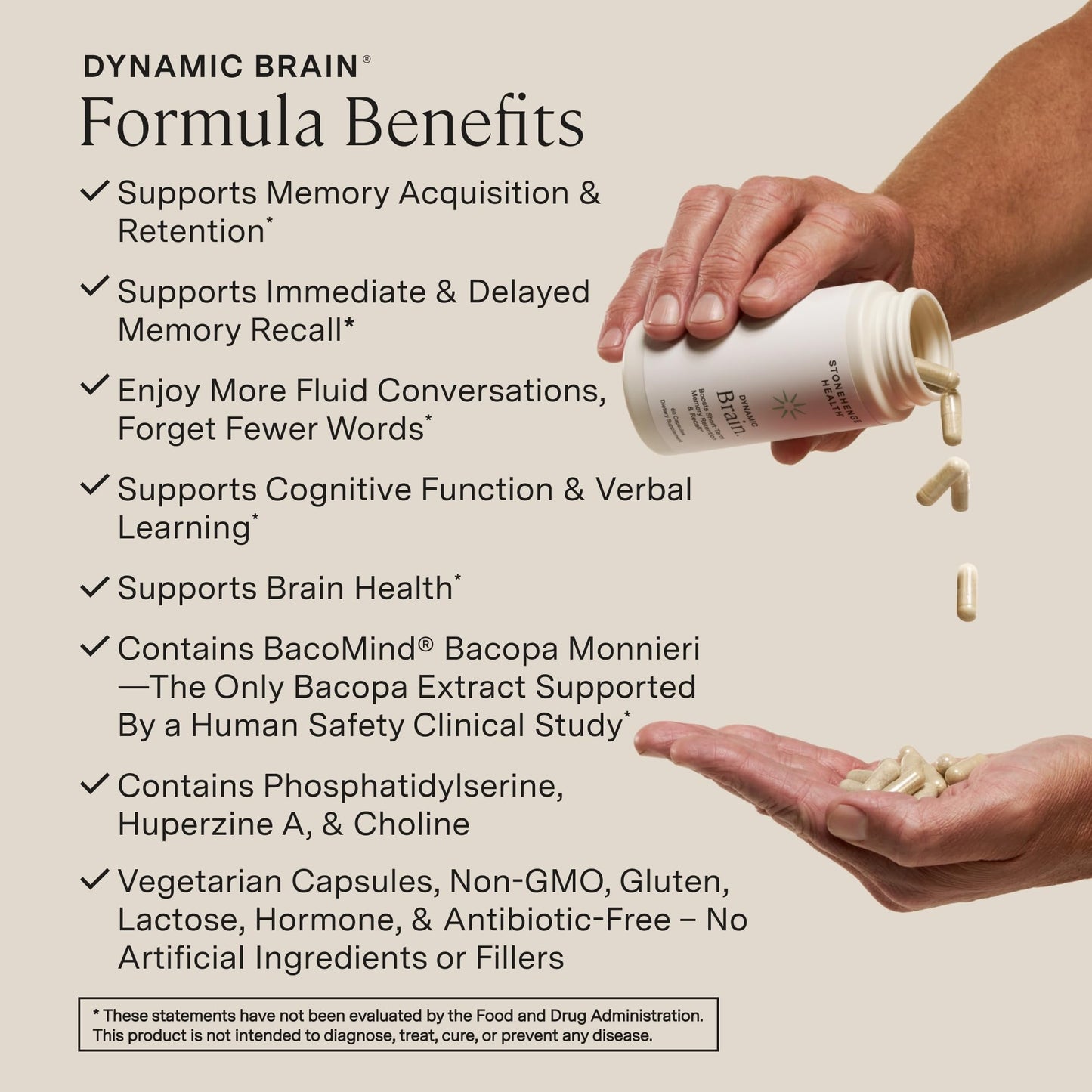 Stonehenge Health Dynamic Brain – BacoMind® Bacopa Nootropic Formula – Memory, Recall & Retention, Phosphatidylserine, Huperzine A, DHA & Choline – 40 Brain-Boosting Ingredients – Non-GMO, 60 Caps - Maple Wellness Supplements