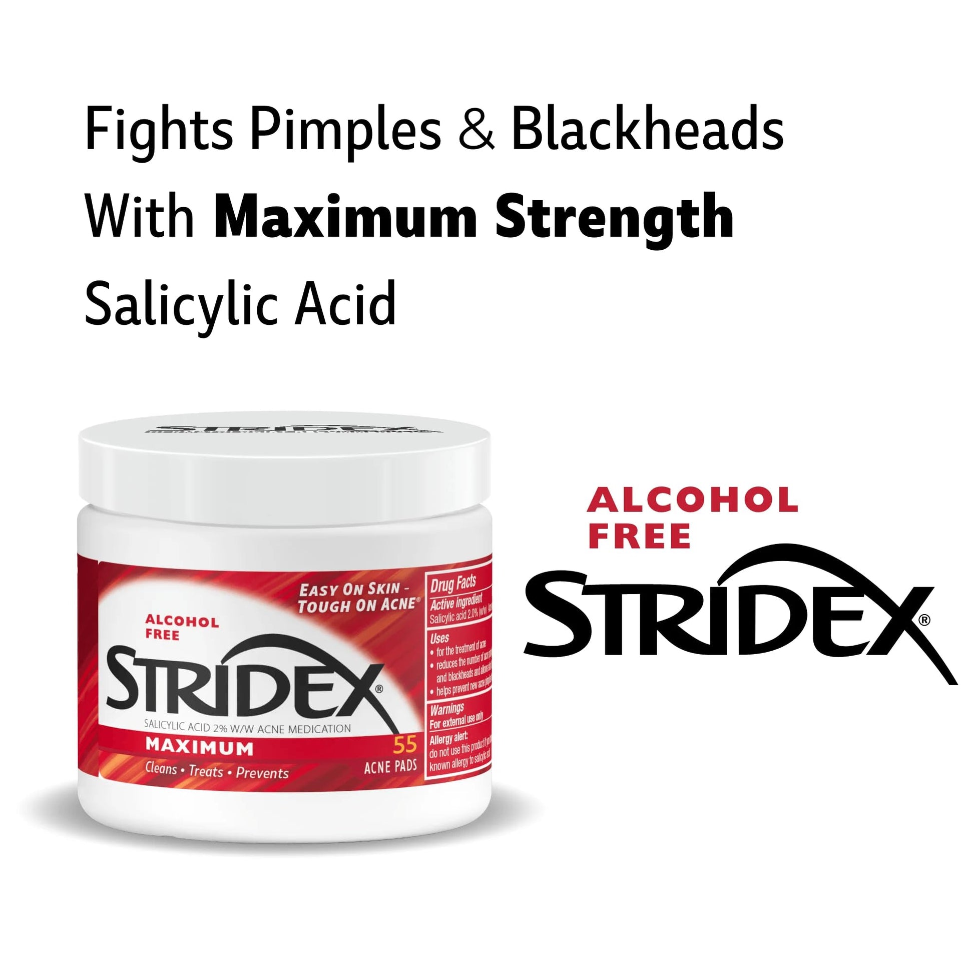 Stridex Medicated Acne Pads, Maximum, 55 Count – Facial Cleansing Wipes, Alcohol Free - Maple Wellness Supplements