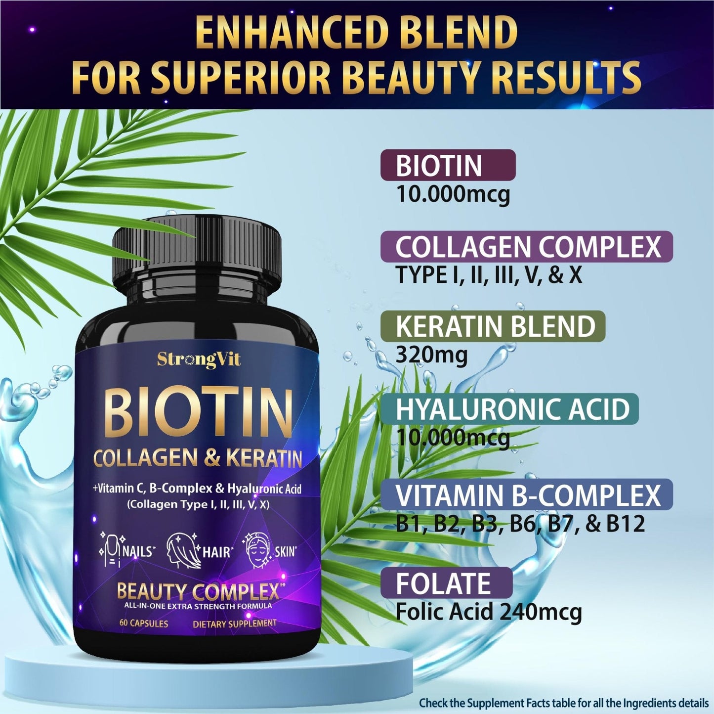 StrongVit Biotin with Hyaluronic Acid, Keratin and Collagen Supplements - 10000mcg for Hair Growth Women and Men - Maple Wellness Supplements