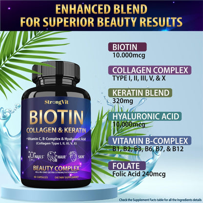 StrongVit Biotin with Hyaluronic Acid, Keratin and Collagen Supplements - 10000mcg for Hair Growth Women and Men - Maple Wellness Supplements