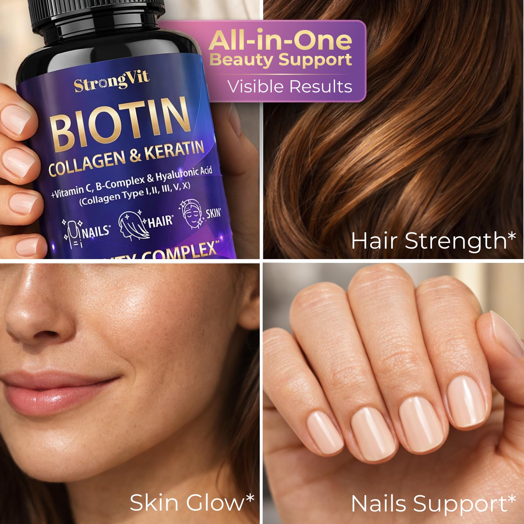 StrongVit Biotin with Hyaluronic Acid, Keratin and Collagen Supplements - 10000mcg for Hair Growth Women and Men - Maple Wellness Supplements