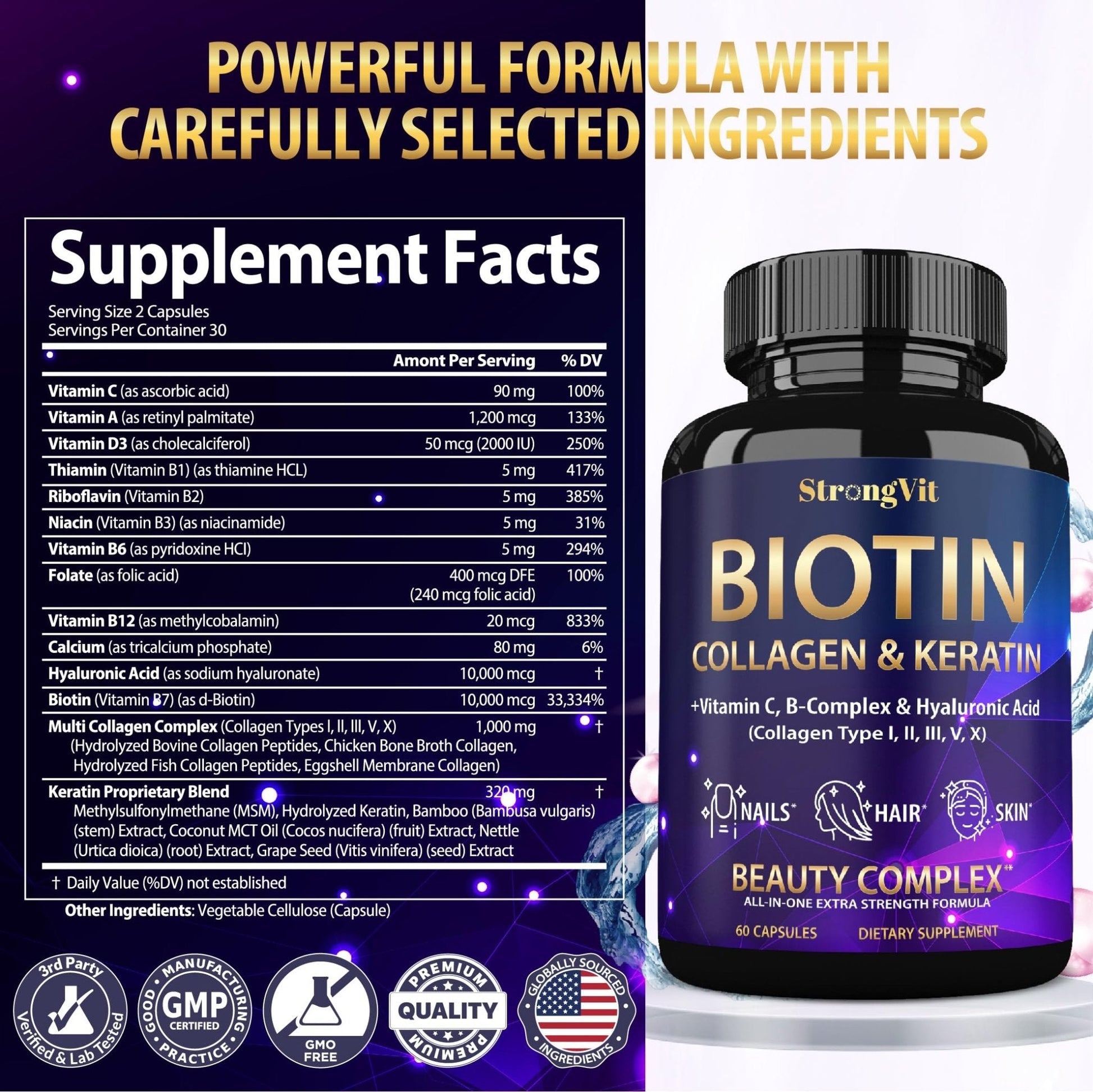 StrongVit Biotin with Hyaluronic Acid, Keratin and Collagen Supplements - 10000mcg for Hair Growth Women and Men - Maple Wellness Supplements