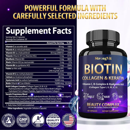 StrongVit Biotin with Hyaluronic Acid, Keratin and Collagen Supplements - 10000mcg for Hair Growth Women and Men - Maple Wellness Supplements