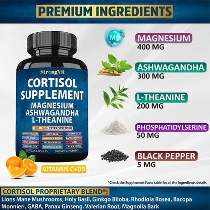StrongVit Cortisol Supplements for Women and Men with Magnesium, Ashwagandha & L-Theanine. High Cortisol Reducer, Manager, Detox, - Maple Wellness Supplements