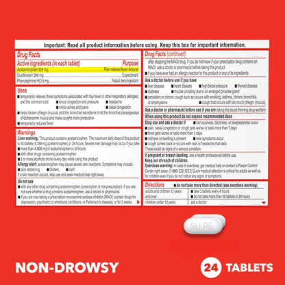 Sudafed PE Head Congestion + Mucus Relief Tablets for Sinus Pressure, Congestion, & Headache, Non-Drowsy Decongestant with Acetaminophen, Guaifenesin & Phenylephrine HCI, 24 ct - Maple Wellness Supplements
