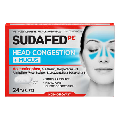 Sudafed PE Head Congestion + Mucus Relief Tablets for Sinus Pressure, Congestion, & Headache, Non-Drowsy Decongestant with Acetaminophen, Guaifenesin & Phenylephrine HCI, 24 ct - Maple Wellness Supplements