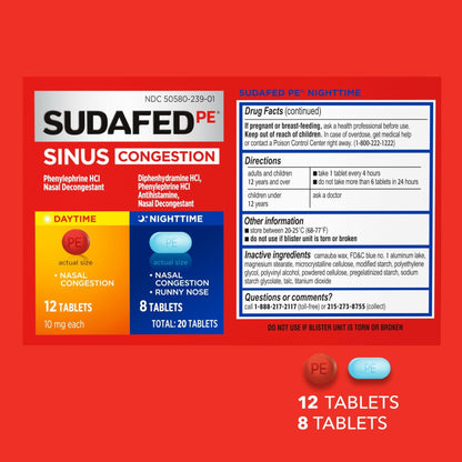 Sudafed PE Sinus Congestion Day + Night Maximum Strength Decongestant & Antihistamine Tablets with Phenylephrine HCl & Diphenhydramine HCl, Helps Nasal & Sinus Pressure & Congestion, 20 ct - Maple Wellness Supplements
