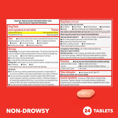 Sudafed PE Sinus Pressure + Pain Relief Tablets, Maximum Strength, Non-Drowsy, OTC Sinus Relief Medicine with Acetaminophen Pain Reliever & Phenylephrine HCl Nasal Decongestant, 24 ct - Maple Wellness Supplements