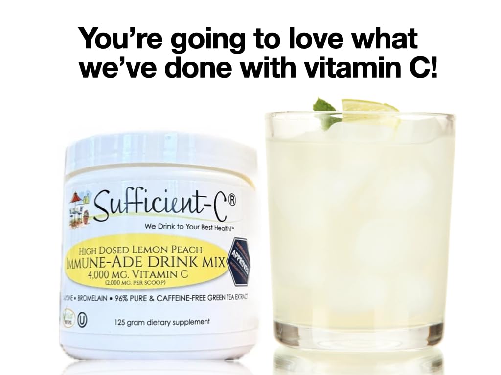 Sufficient-C High Dose Non-GMO Vitamin C Lemon Peach Immune-Ade Drink Mix, Convenient 125 Gram Size w/L-lysine, Bromelain & a Premium 96% Pure Green Tea Extract - Maple Wellness Supplements