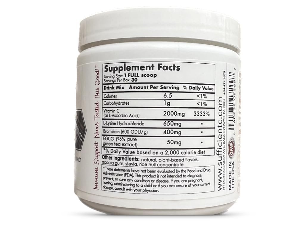 Sufficient-C High Dose Non-GMO Vitamin C Lemon Peach Immune-Ade Drink Mix, Convenient 125 Gram Size w/L-lysine, Bromelain & a Premium 96% Pure Green Tea Extract - Maple Wellness Supplements