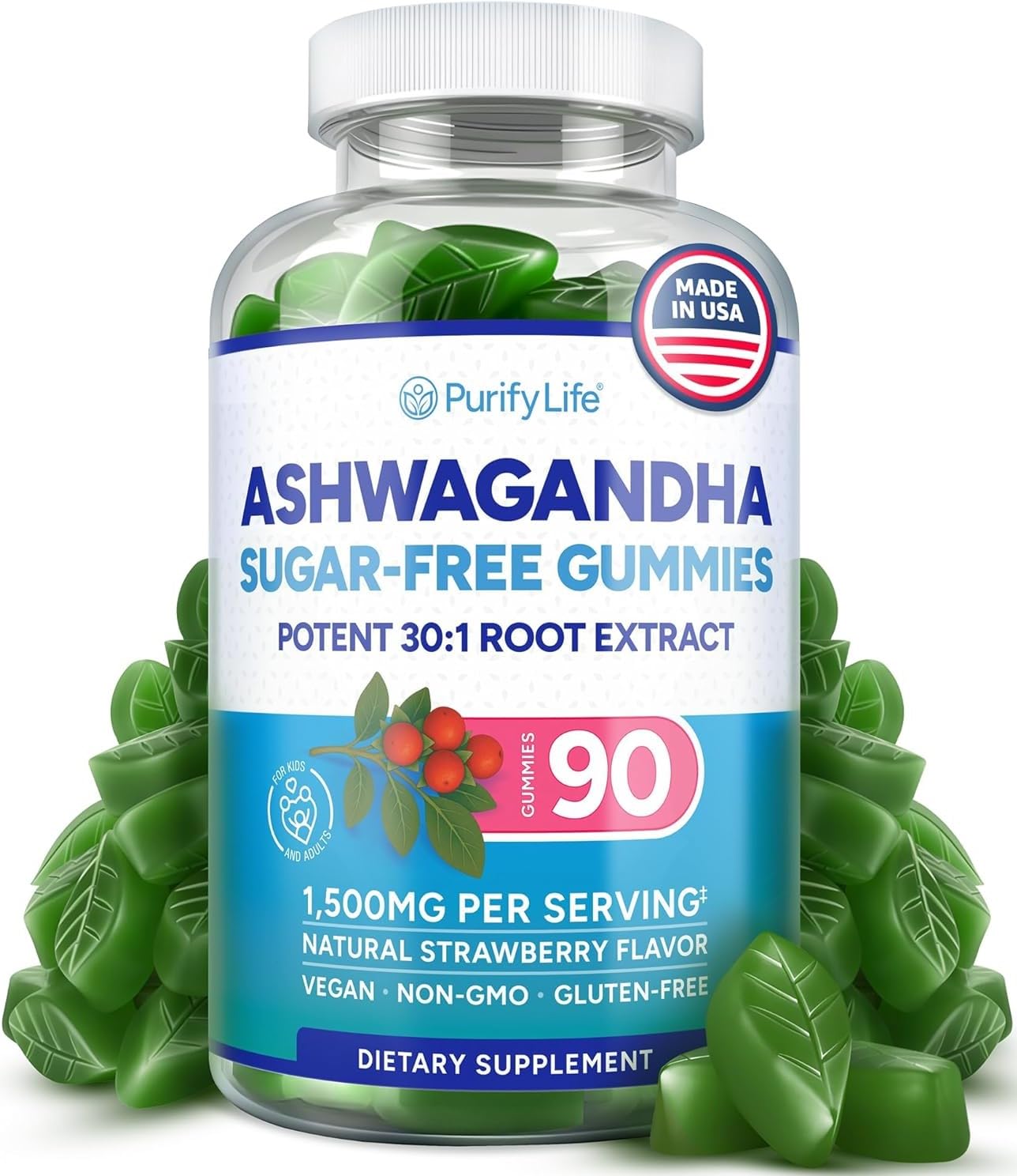 Sugar-Free Ashwagandha Gummies for Stress, Sleep & Mood Support - High-Potency 30:1 Ashwagandha Supplement Extract - Vegan Adaptogen Supplement for Women & Men, Natural Flavor, Plant-Based, 90 Gummies - Maple Wellness Supplements
