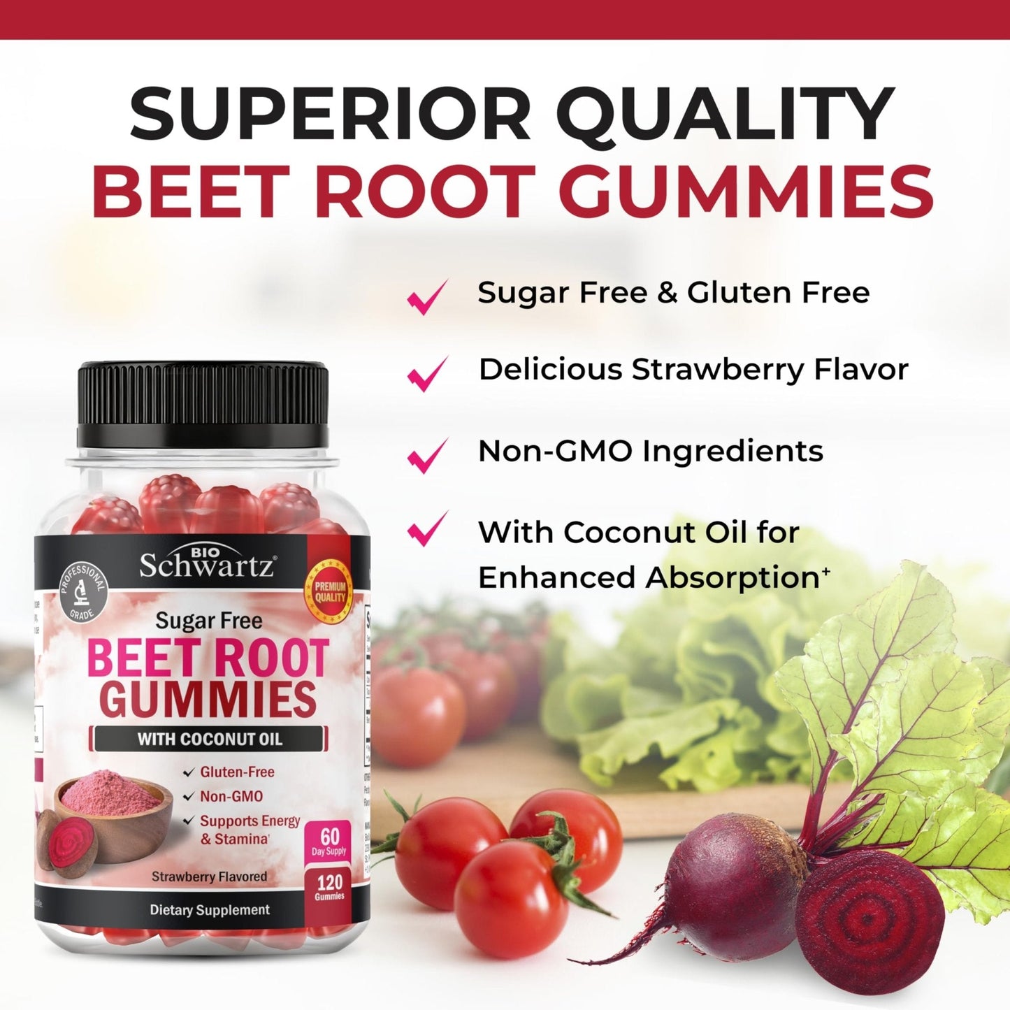 Sugar Free Beet Root Gummies - Nitric Oxide Gummies Infused with Coconut Oil for Highest Absorption - Supports Energy & Whole Body Health - Maple Wellness Supplements