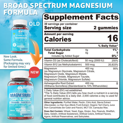 Sugar Free Magnesium Complex for Women, Calm Magnesium Gummies for Adults 400mg, Magnesium Glycinate, Citrate, Malate & More- Magnesium Gummy with Magnesium Ashwagandha, D3, B12 for Relax, Calm, Vegan - Maple Wellness Supplements