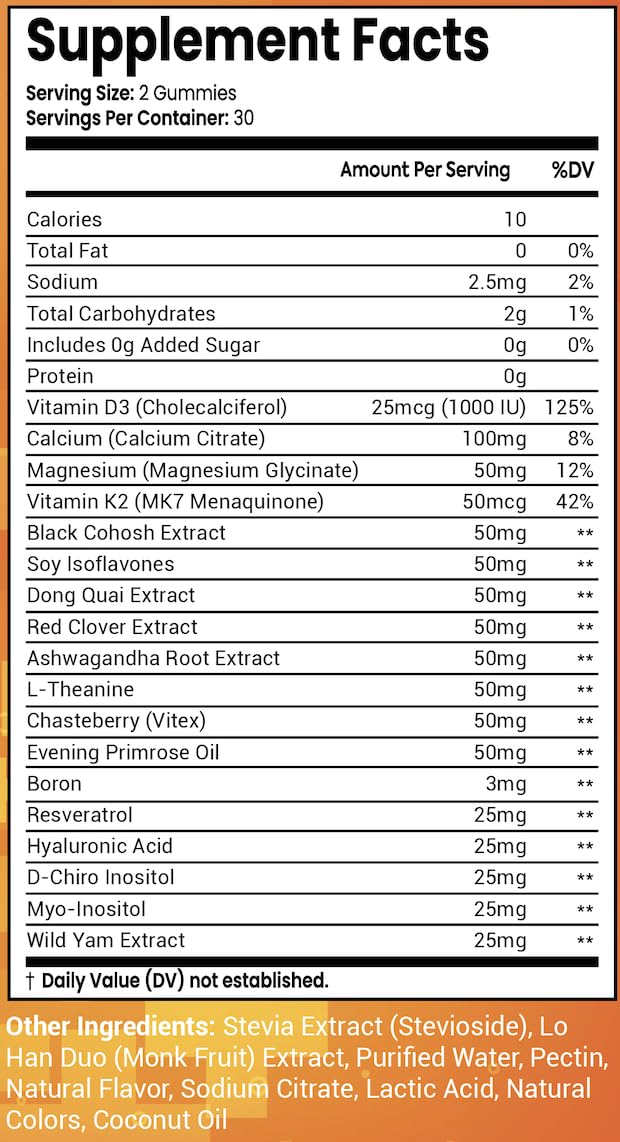 Sugar Free Menopause Support Gummies for Women D-Chiro Myo Inositol Black Cohosh Dong Quai Vitamin D3 K2 - Hormone Balance, PMS, Hot Flash & Night Sweat Relief Perimenopause Water Retention Debloating - Maple Wellness Supplements