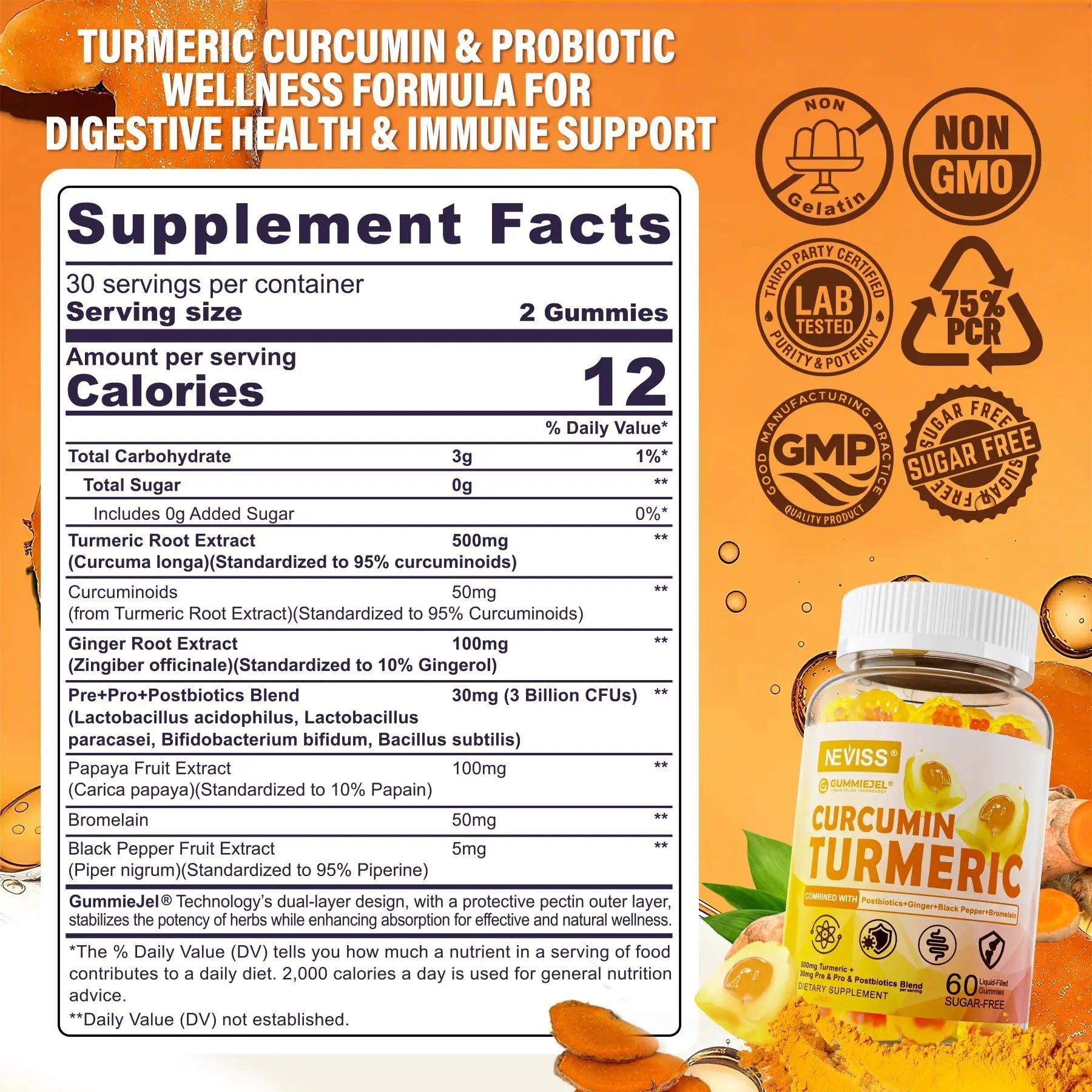 Sugar Free Turmeric Curcumin Filled Gummies 550mg for Adults, Ginger & Black Pepper | 95% Curcuminoids w/Prebiotic Probiotic & Postbiotic Blend, Support, Immune & Digestive Health, Vegan, 2Pack - Maple Wellness Supplements