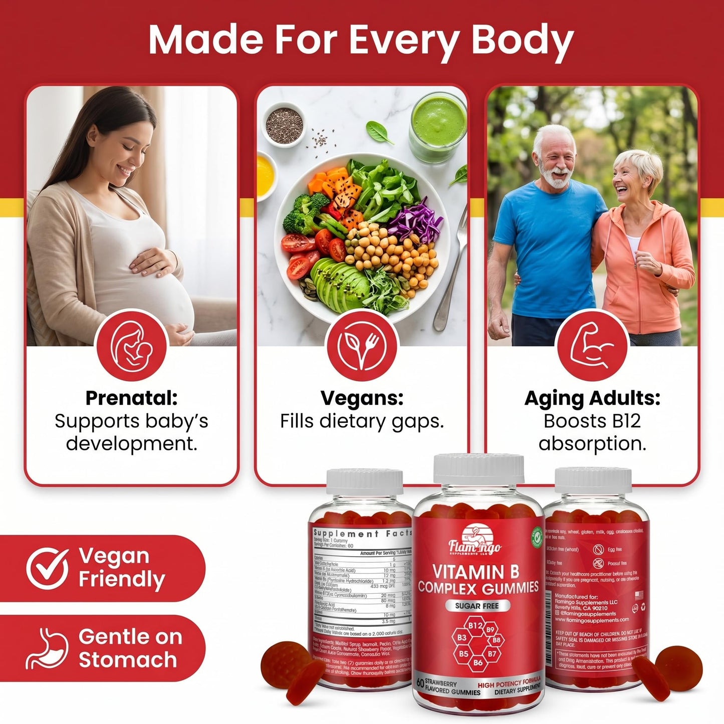 Sugar Free Vitamin B Complex Gummies - Vitamin B12, B7, B6, B3 (Niacin), B5, B8, B9 (Folate)- Third Party Tested- Prenatal, Vegan Diet, Older Adults - Maple Wellness Supplements