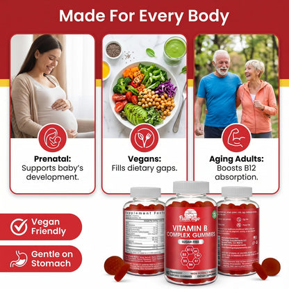 Sugar Free Vitamin B Complex Gummies - Vitamin B12, B7, B6, B3 (Niacin), B5, B8, B9 (Folate)- Third Party Tested- Prenatal, Vegan Diet, Older Adults - Maple Wellness Supplements