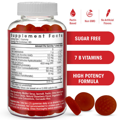 Sugar Free Vitamin B Complex Gummies - Vitamin B12, B7, B6, B3 (Niacin), B5, B8, B9 (Folate)- Third Party Tested- Prenatal, Vegan Diet, Older Adults - Maple Wellness Supplements