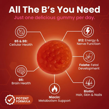 Sugar Free Vitamin B Complex Gummies - Vitamin B12, B7, B6, B3 (Niacin), B5, B8, B9 (Folate)- Third Party Tested- Prenatal, Vegan Diet, Older Adults - Maple Wellness Supplements