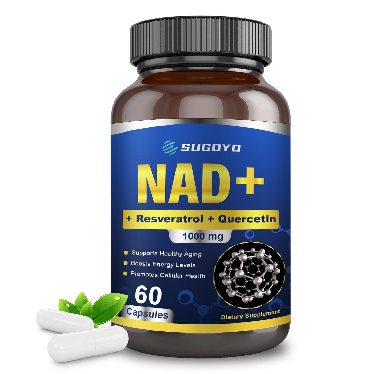 SUGOYO NAD+ Supplement 1000mg Liposomal Nicotinamide Riboside Enhanced with Resveratrol & Quercetin, Anti-Aging & Energy Boost, NMN Alternative, NAD Supplement for Women & Men (60 Count (Pack of 1)) - Maple Wellness Supplements