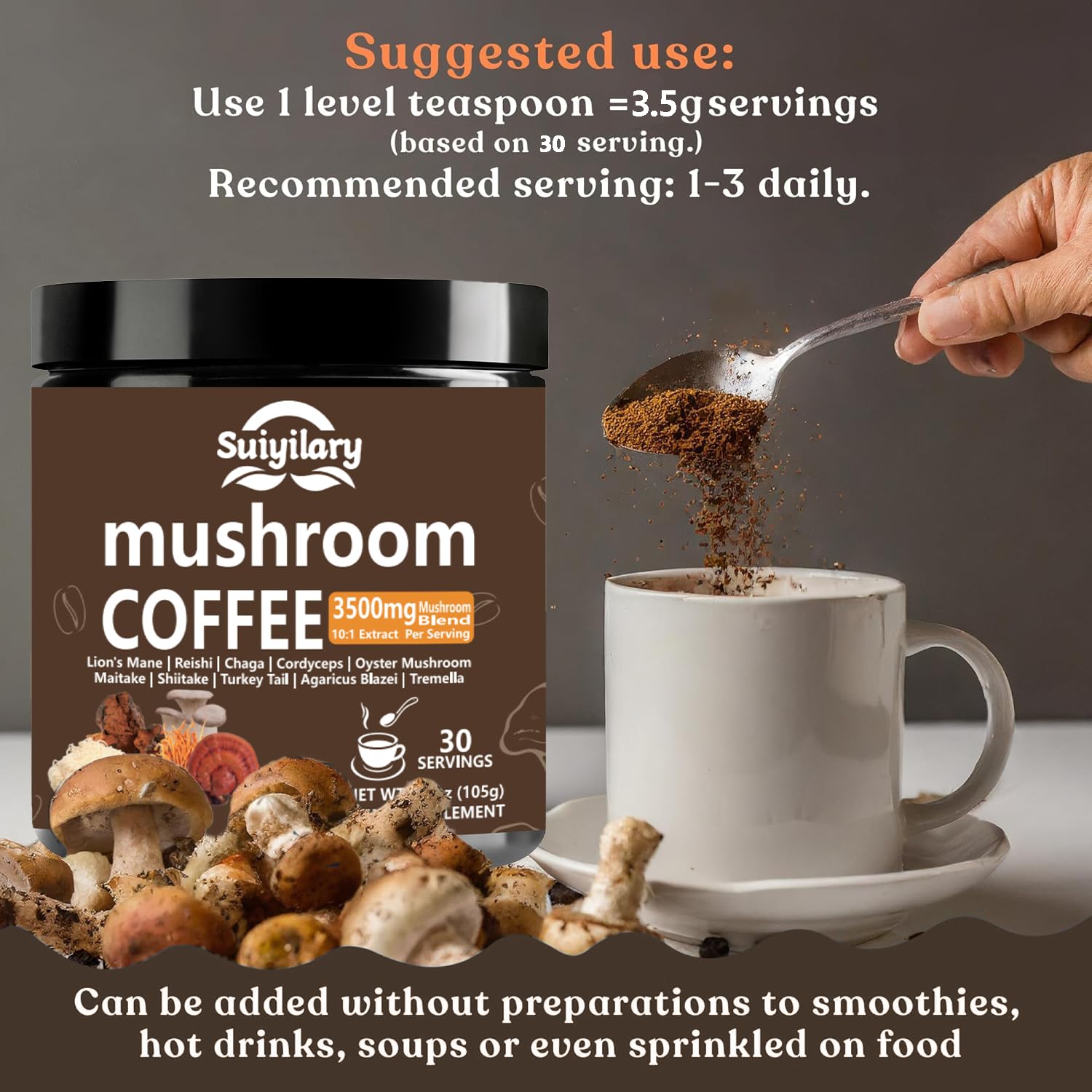 Suiyilary 10 Mushroom Coffee with Arabica w, Lion's Mane, Reishi, Mushroom Polysaccharides & More, Instant Mushrooms Powder for Focus, Immunity Boost, - Maple Wellness Supplements