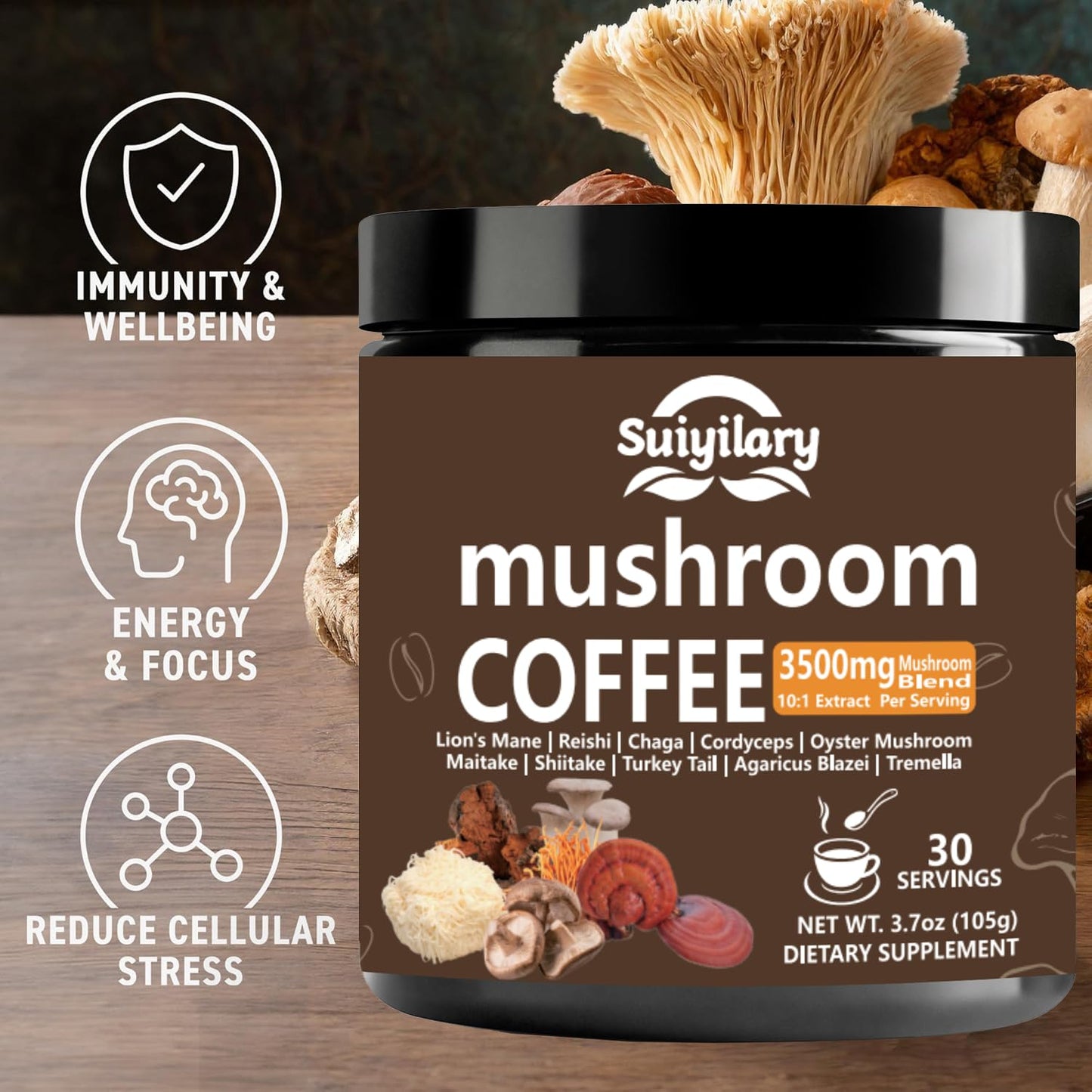 Suiyilary 10 Mushroom Coffee with Arabica w, Lion's Mane, Reishi, Mushroom Polysaccharides & More, Instant Mushrooms Powder for Focus, Immunity Boost, - Maple Wellness Supplements