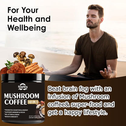 Suiyilary Mushroom Coffee, 10 Mushroom Extract Powder Blend Lion's Mane, Reishi, Chaga - Maple Wellness Supplements