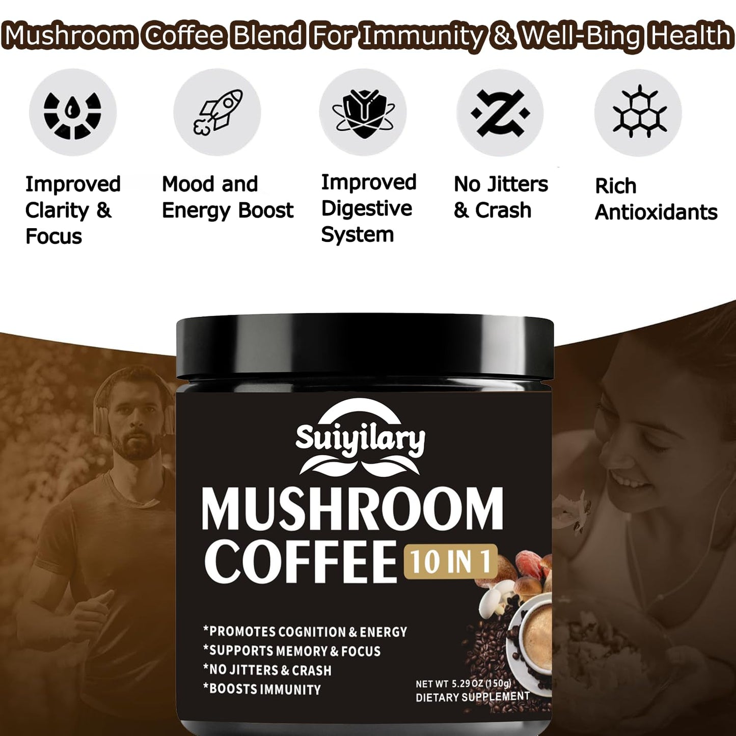 Suiyilary Mushroom Coffee, 10 Mushroom Extract Powder Blend Lion's Mane, Reishi, Chaga - Maple Wellness Supplements