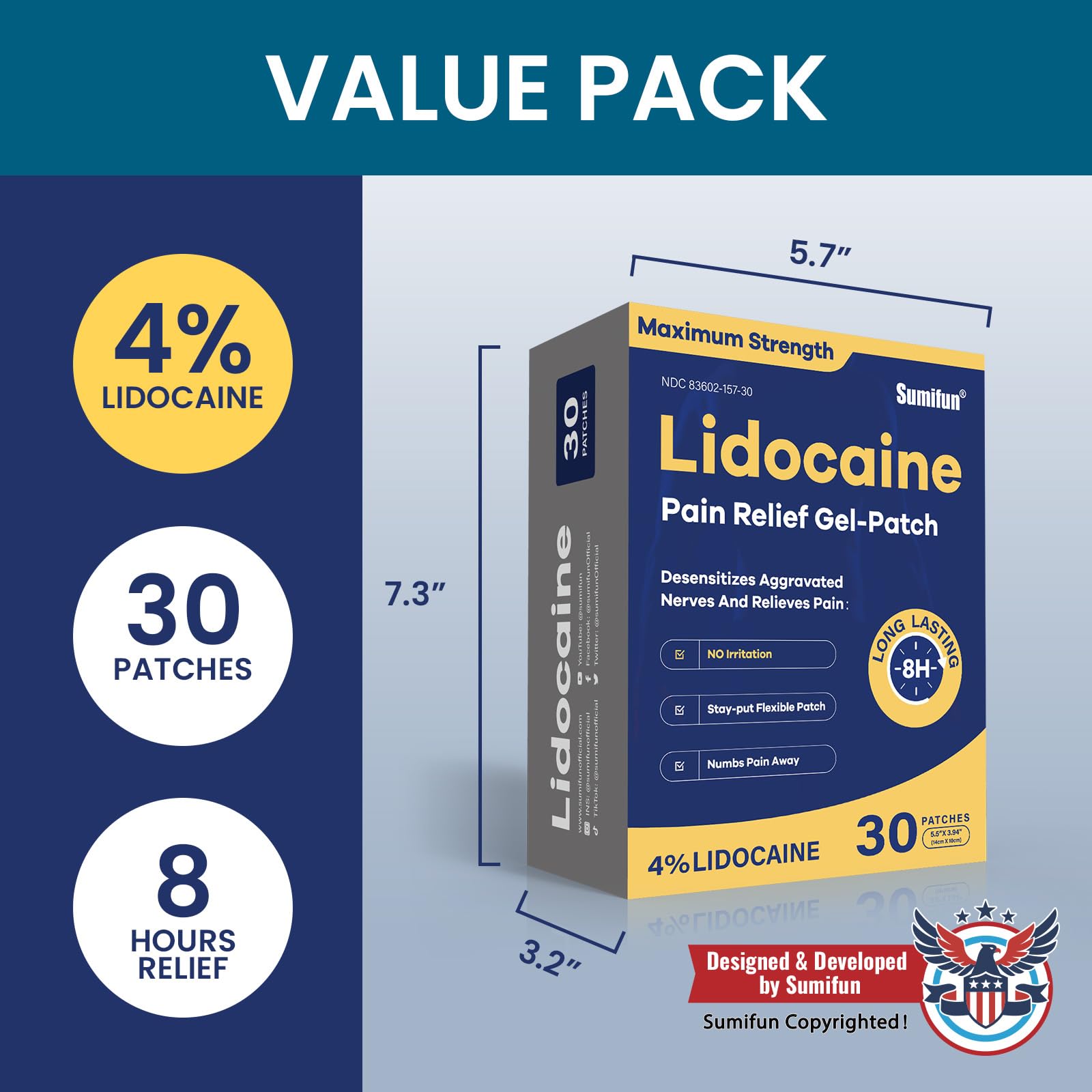 Sumifun 4% Lidocaine Pain Relief Patches 30 Count Maximum Strength Numbing Gel Patch for Back Knee Neck Joint Ache Muscle Soreness Topical Analgesic - Maple Wellness Supplements