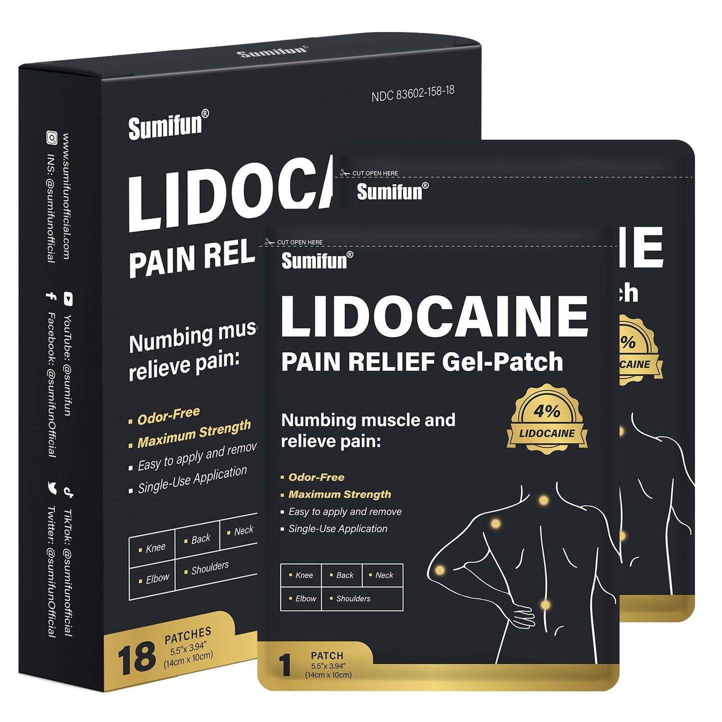 Sumifun 4% Lidocaine Patches, Long Lasting Plaster Patch for Knee, Shoulder, Muscle, Joints with Natural Ingredients, Extended Patch with Lidocaine (Large, Count, 18) - Maple Wellness Supplements