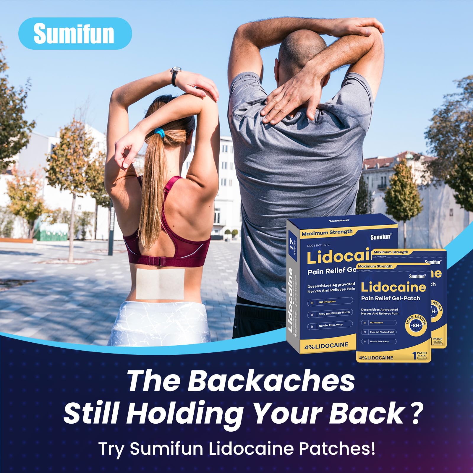Sumifun 4% Lidocaine Patches Maximum Strength - Pain Relieving Gel Patch for Muscle Soreness, Back Ache, Knee, Neck & Joint Pains - Topical Analgesic (Large, Count, 17) - Maple Wellness Supplements