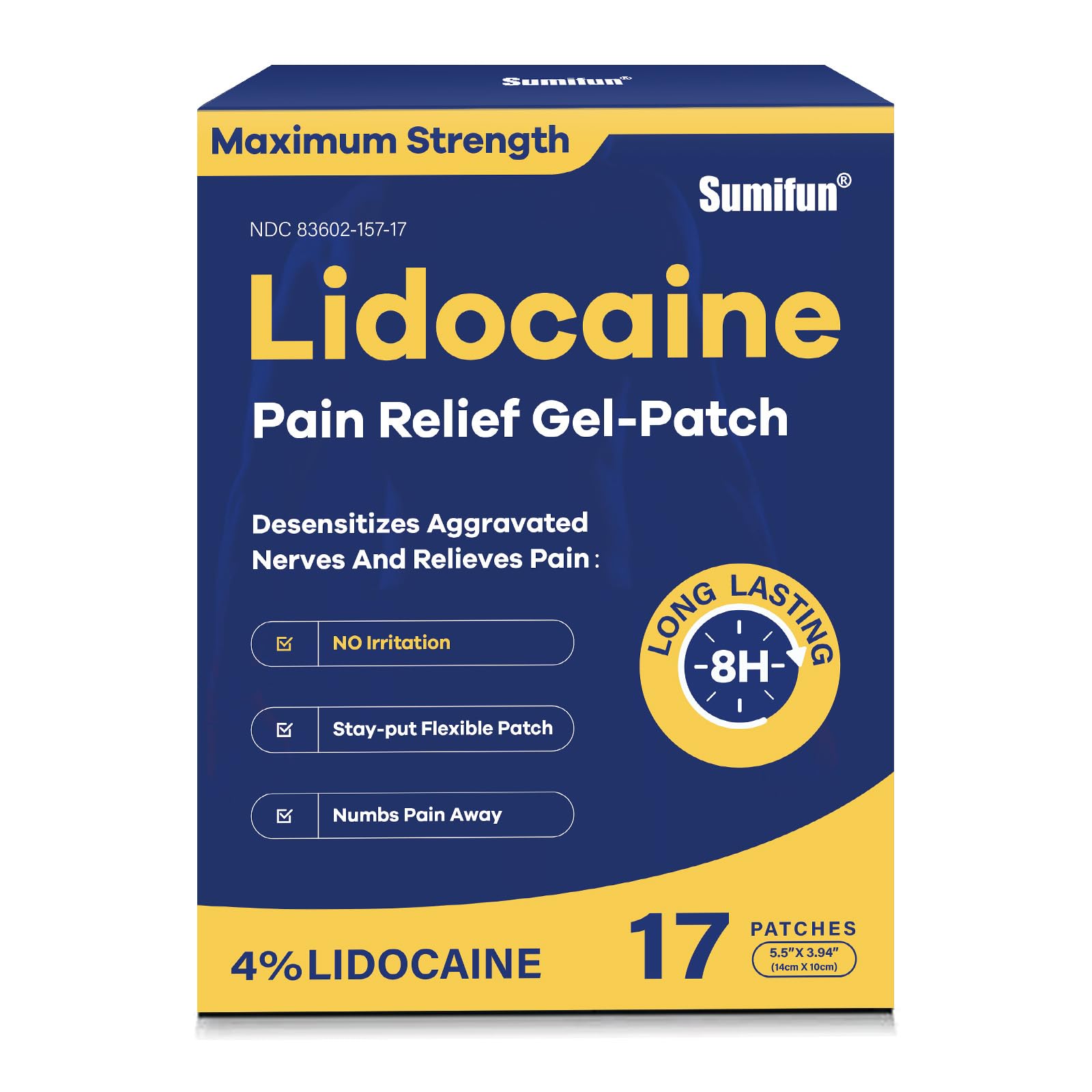 Sumifun 4% Lidocaine Patches Maximum Strength - Pain Relieving Gel Patch for Muscle Soreness, Back Ache, Knee, Neck & Joint Pains - Topical Analgesic (Large, Count, 17) - Maple Wellness Supplements